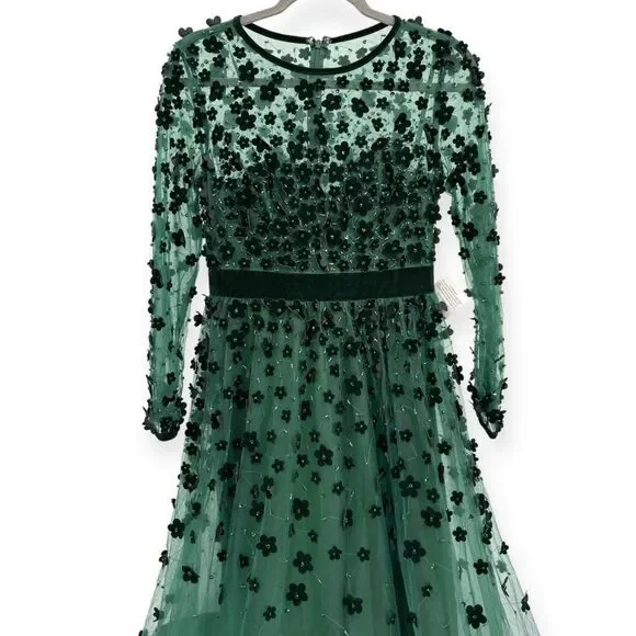 green emerald velvet dress Embellished Illusion High Neck Long Sleeve Fit & Flare Dress